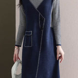 Casual Color-Block Striped Fake Two-Piece Asymmetric Dress