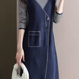 Casual Color-Block Striped Fake Two-Piece Asymmetric Dress