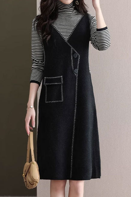 Casual Color-Block Striped Fake Two-Piece Asymmetric Dress