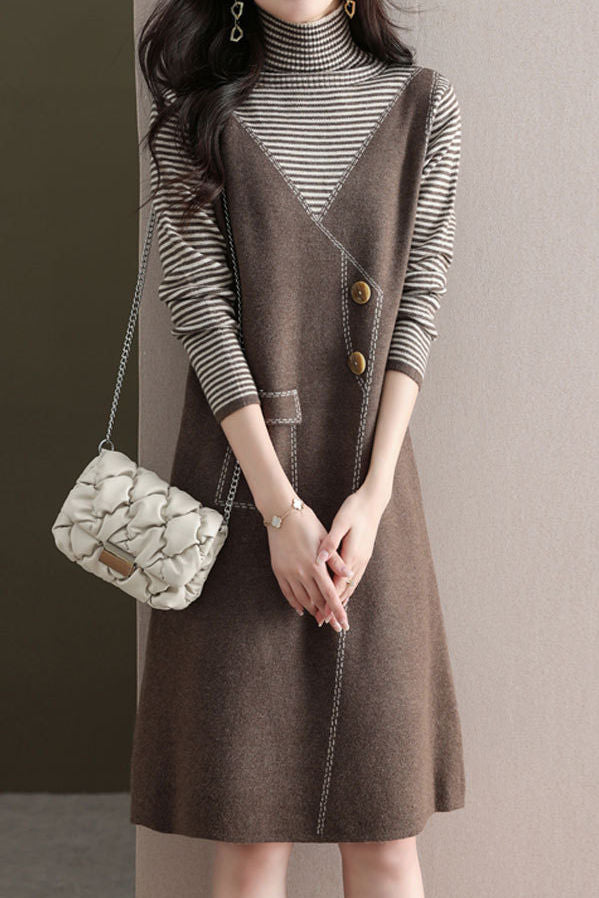 Casual Color-Block Striped Fake Two-Piece Asymmetric Dress