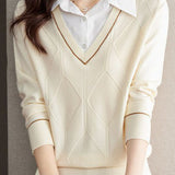 Casual Fake Two-Piece Shirt Collar Knitted Top