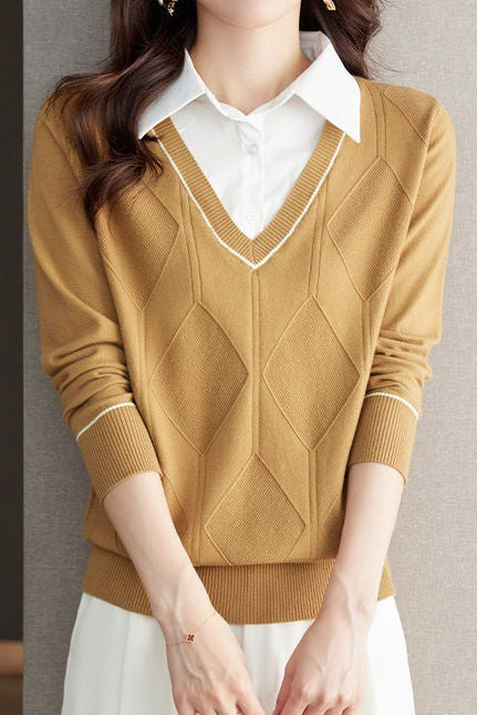 Casual Fake Two-Piece Shirt Collar Knitted Top