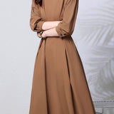 Casual French Long-Sleeve Waist-Cinched V-Neck Dress