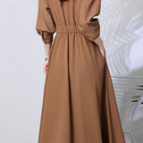 Casual French Long-Sleeve Waist-Cinched V-Neck Dress