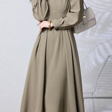 Casual French Long-Sleeve Waist-Cinched V-Neck Dress