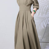 Casual French Long-Sleeve Waist-Cinched V-Neck Dress