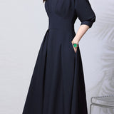 Casual French Long-Sleeve Waist-Cinched V-Neck Dress