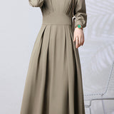 Casual French Long-Sleeve Waist-Cinched V-Neck Dress