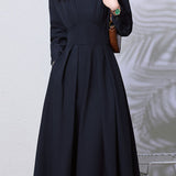 Casual French Long-Sleeve Waist-Cinched V-Neck Dress