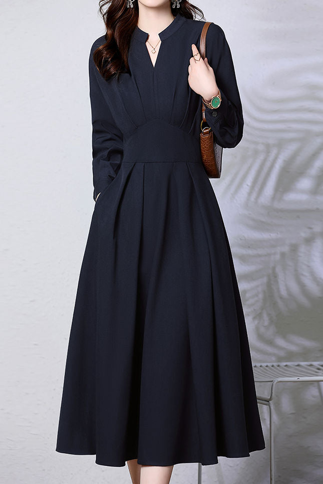 Casual French Long-Sleeve Waist-Cinched V-Neck Dress