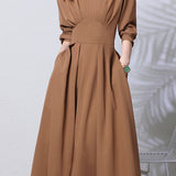 Casual French Long-Sleeve Waist-Cinched V-Neck Dress