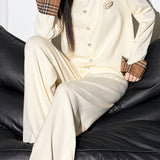 Casual Plaid Patchwork Knitted Cardigan Set