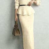 Elegant Off-The-Shoulder Waist-Cinched Straight Long Skirt Knitted Two-Piece Set