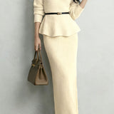 Elegant Off-The-Shoulder Waist-Cinched Straight Long Skirt Knitted Two-Piece Set