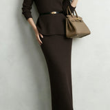 Elegant Off-The-Shoulder Waist-Cinched Straight Long Skirt Knitted Two-Piece Set