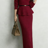 Elegant Off-The-Shoulder Waist-Cinched Straight Long Skirt Knitted Two-Piece Set