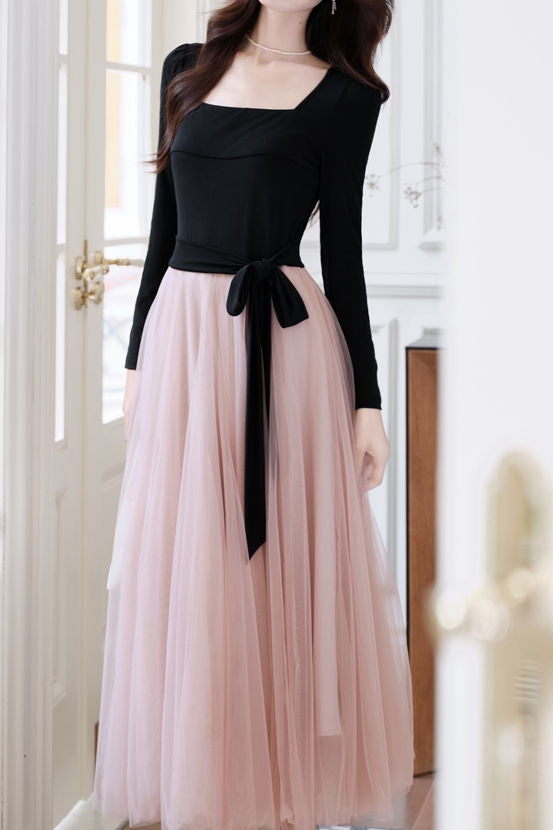 Elegant Temperament Color-Block Patchwork Long-Sleeve Mesh Dress liwisi Elegant Temperament Color-Block Patchwork Long-Sleeve Mesh Dress liwisi