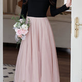 Elegant Temperament Color-Block Patchwork Long-Sleeve Mesh Dress