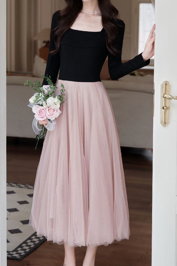 Elegant Temperament Color-Block Patchwork Long-Sleeve Mesh Dress liwisi Elegant Temperament Color-Block Patchwork Long-Sleeve Mesh Dress liwisi