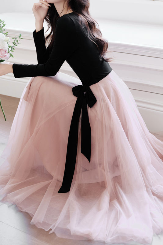 Elegant Temperament Color-Block Patchwork Long-Sleeve Mesh Dress