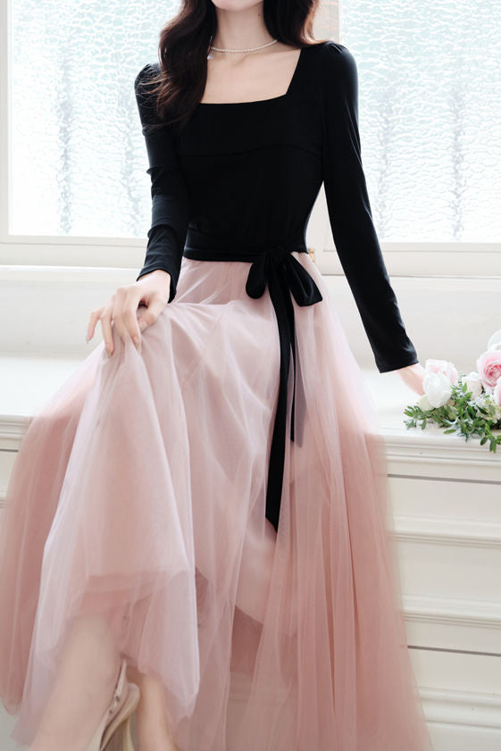 Elegant Temperament Color-Block Patchwork Long-Sleeve Mesh Dress liwisi Elegant Temperament Color-Block Patchwork Long-Sleeve Mesh Dress liwisi