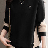 Casual Minimalist Half-High Neck Color-Block Pullover Long-Sleeve Sweater