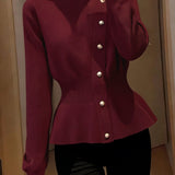 Elegant Temperament Half-High Neck Waist-Cinched Pullover Long-Sleeve Knitted Top