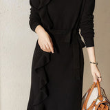 Casual Solid-Color Wave-Hem Long Knitted Dress