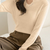 Casual Versatile Solid-Color V-Neck Asymmetric Button Knitted Top