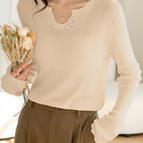 Casual Versatile Solid-Color V-Neck Asymmetric Button Knitted Top
