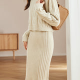 Casual Versatile Solid-Color Wide Cable-Knit Sweater Dress Two-Piece Set