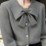 Casual Versatile Solid-Color Bow-Knot Lapel Sweater