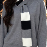 Casual Versatile Color-Block Scarf Pullover Knitted Top