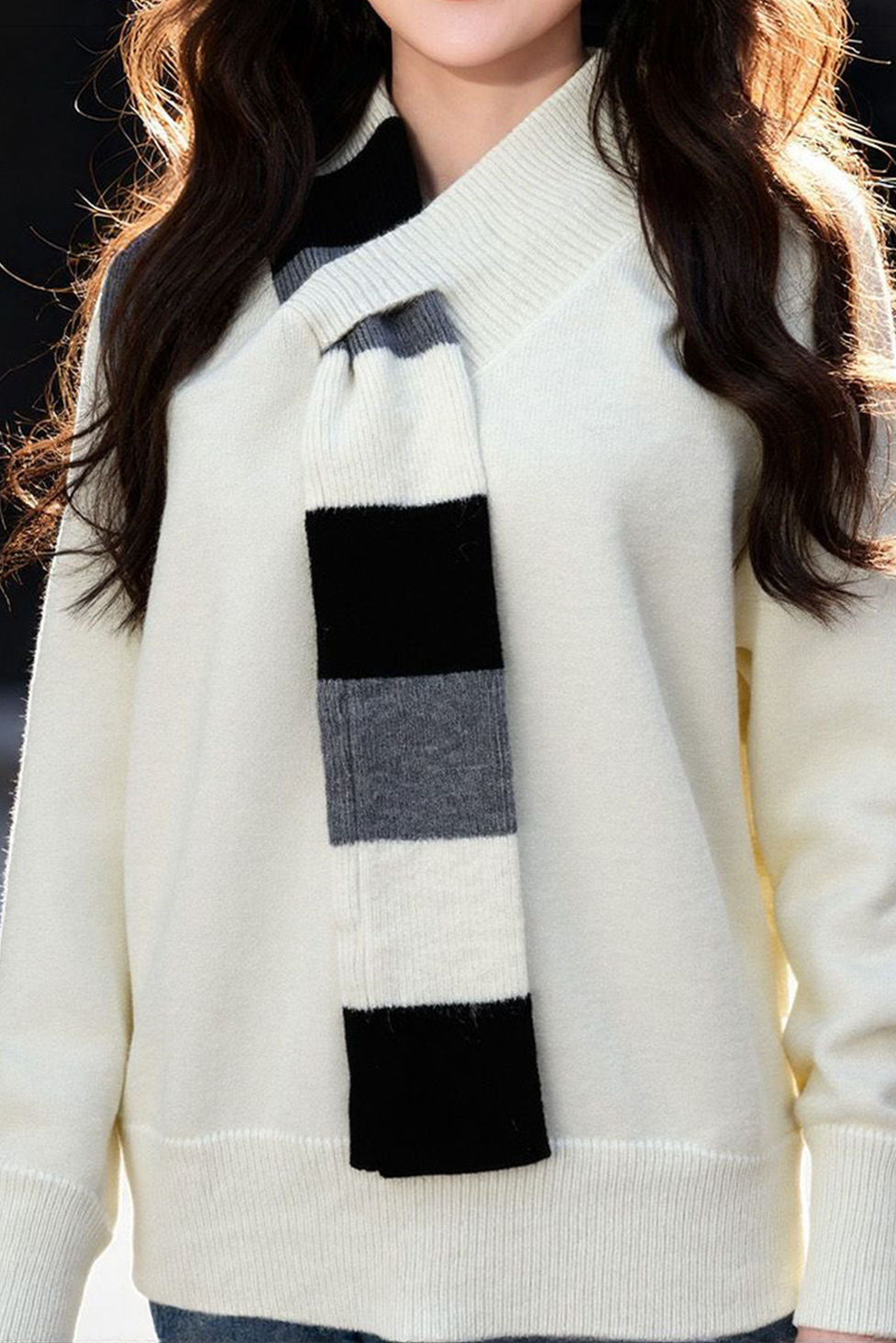 Casual Versatile Color-Block Scarf Pullover Knitted Top