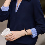 Casual Versatile V-Neck Fake Two-Piece Striped Knitted Top