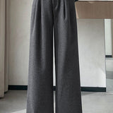 Casual Versatile Solid-Color Belted Woolen Pleated Wide-Leg Pants