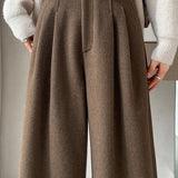 Casual Versatile Solid-Color Belted Woolen Pleated Wide-Leg Pants