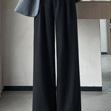 Casual Versatile Solid-Color Belted Woolen Pleated Wide-Leg Pants