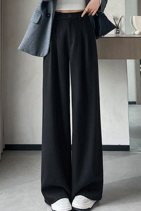 Casual Versatile Solid-Color Belted Woolen Pleated Wide-Leg Pants
