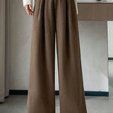 Casual Versatile Solid-Color Belted Woolen Pleated Wide-Leg Pants