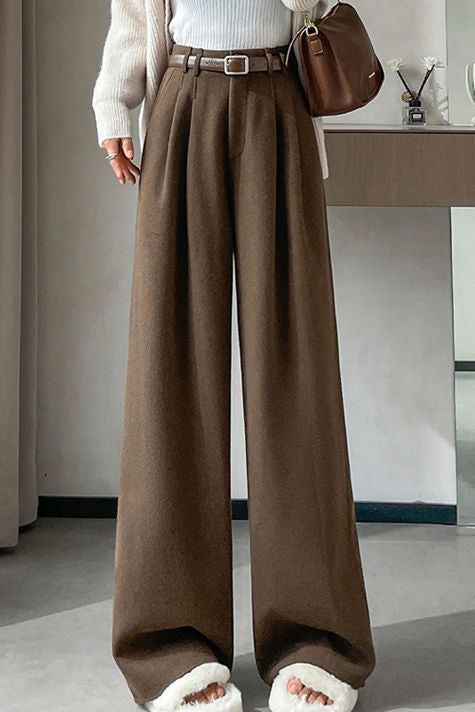 Casual Versatile Solid-Color Belted Woolen Pleated Wide-Leg Pants