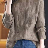 Casual Versatile Solid-Color Knitted Argyle Cable-Knit Sweater