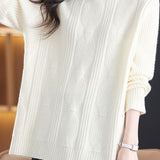 Casual Versatile Solid-Color Knitted Argyle Cable-Knit Sweater