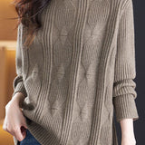 Casual Versatile Solid-Color Knitted Argyle Cable-Knit Sweater