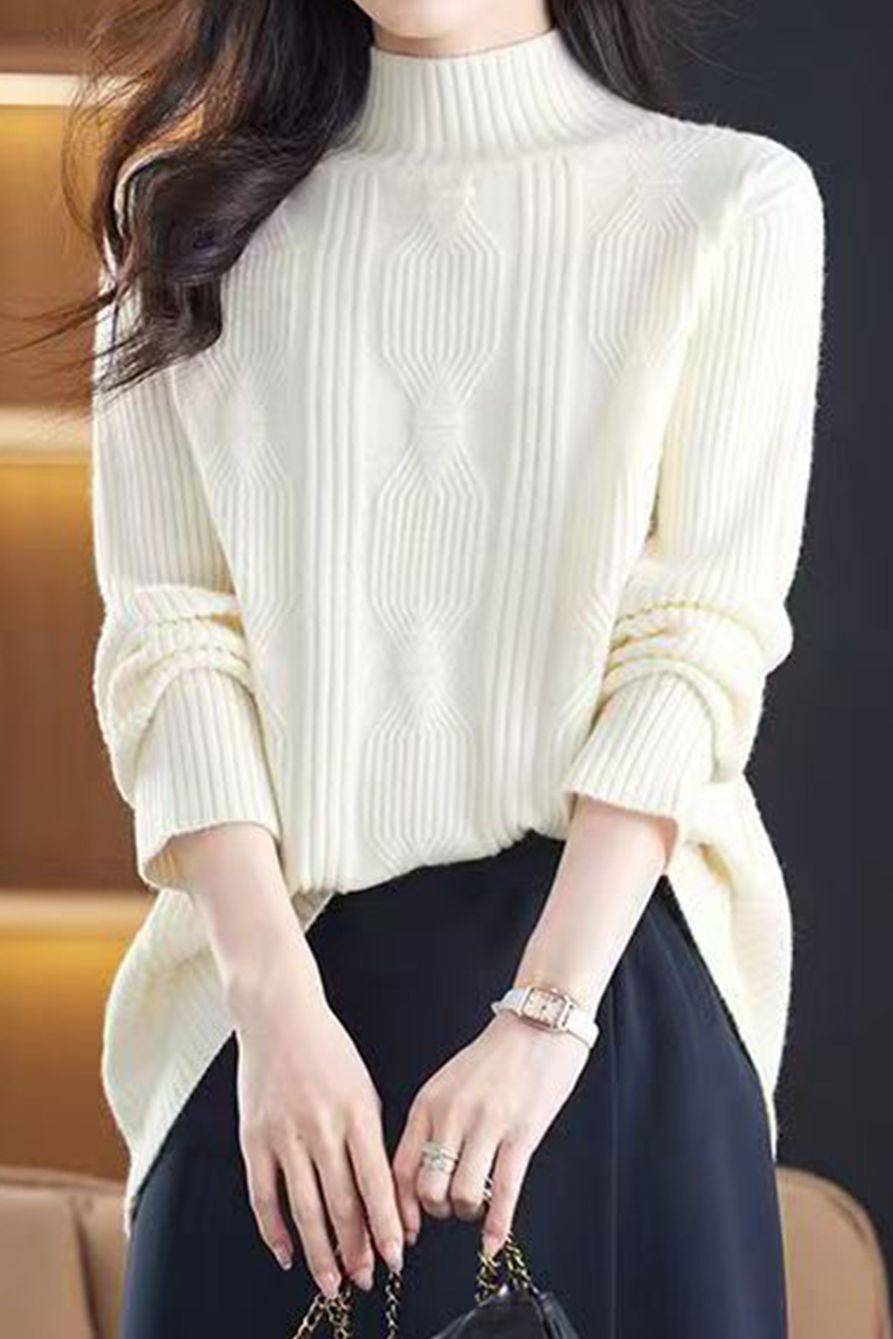 Casual Versatile Solid-Color Knitted Argyle Cable-Knit Sweater