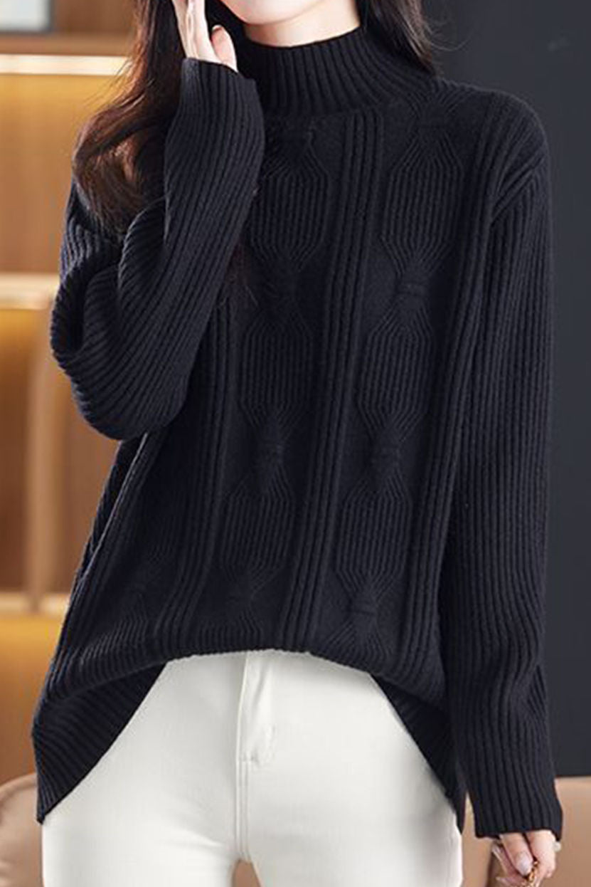 Casual Versatile Solid-Color Knitted Argyle Cable-Knit Sweater