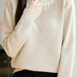 Casual Versatile Solid-Color Rhinestone Cable-Knit Hollow-Out Knitted Top