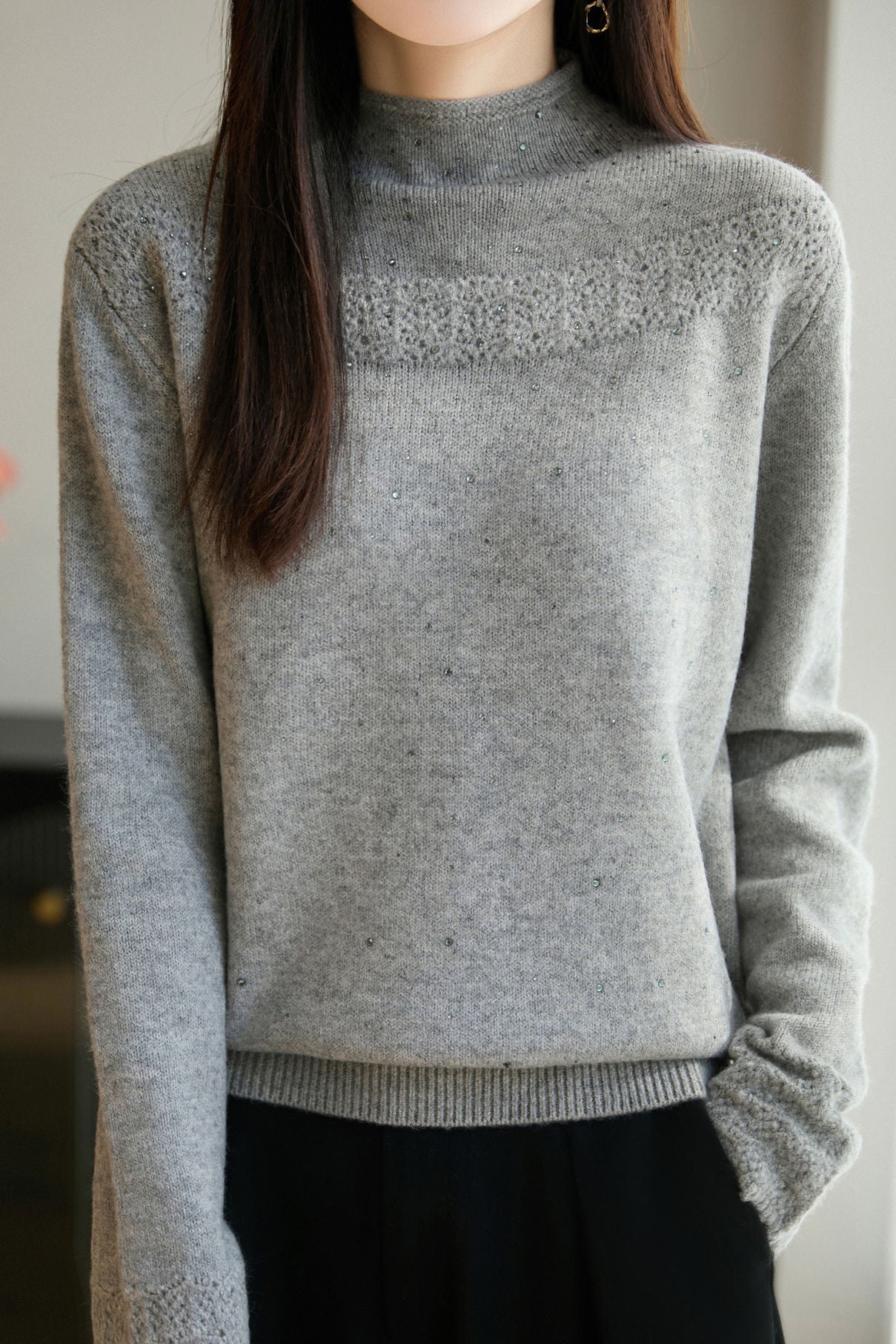 Casual Versatile Solid-Color Rhinestone Cable-Knit Hollow-Out Knitted Top