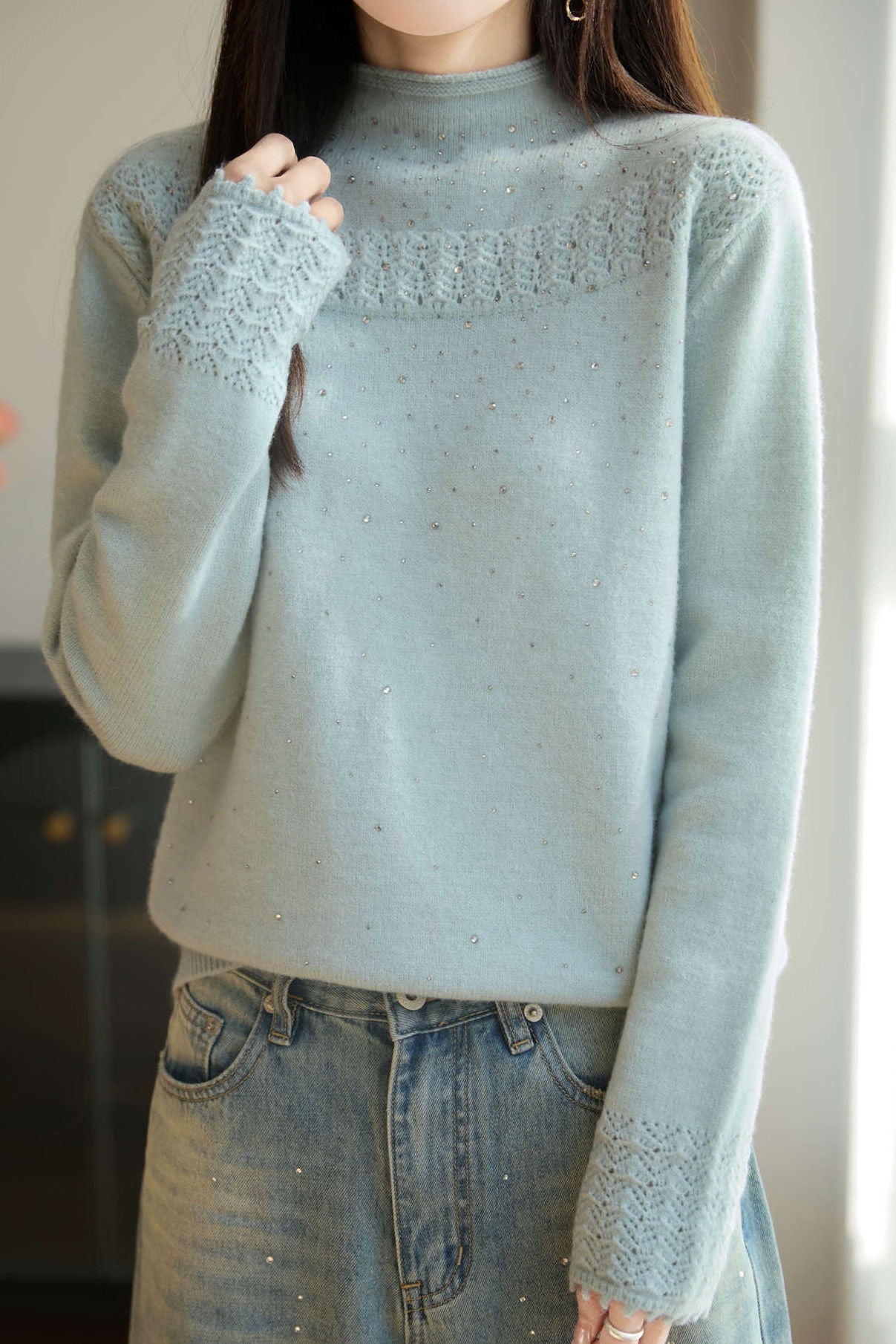 Casual Versatile Solid-Color Rhinestone Cable-Knit Hollow-Out Knitted Top