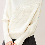 Casual Solid-Color Geometric Pattern Asymmetric Lapel Batwing Sleeve Knitted Top